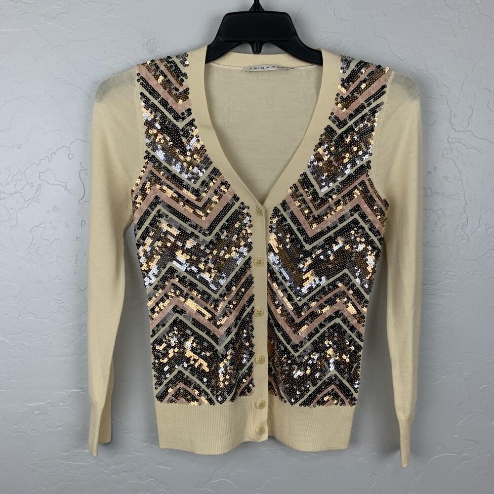 Trina Turk Sweater Womens Small Beige Sequin Chevron Cardigan 100% Merino Wool